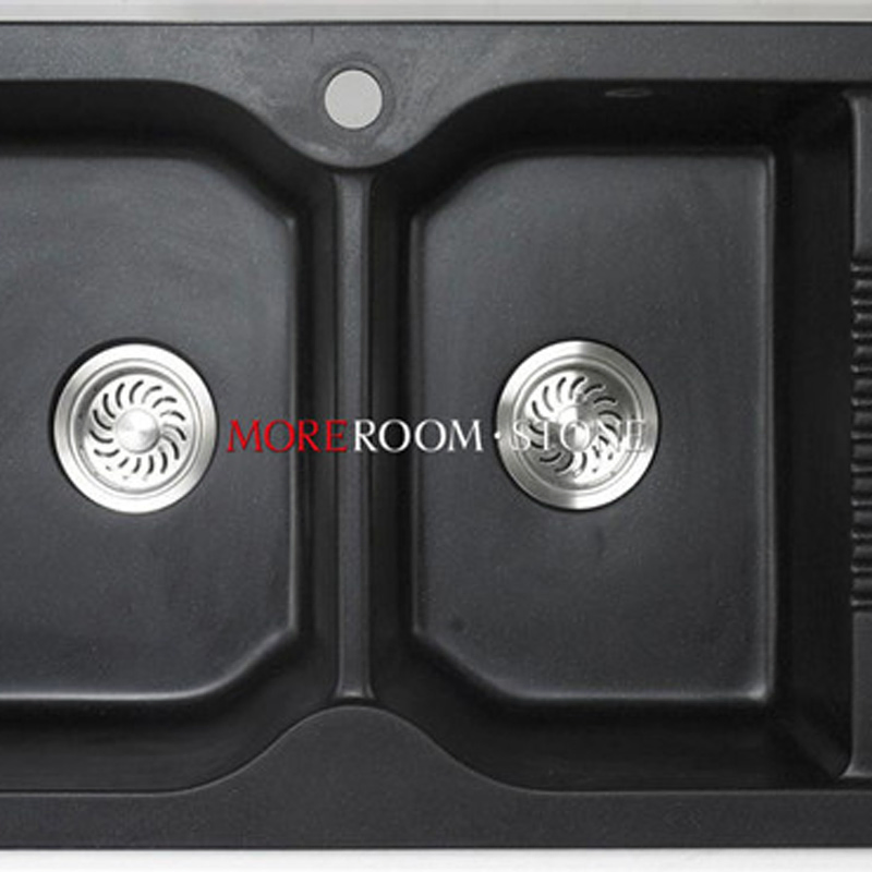 China Factory Wholesale Artificial Stone Black Quartz Sinks with Drainboard