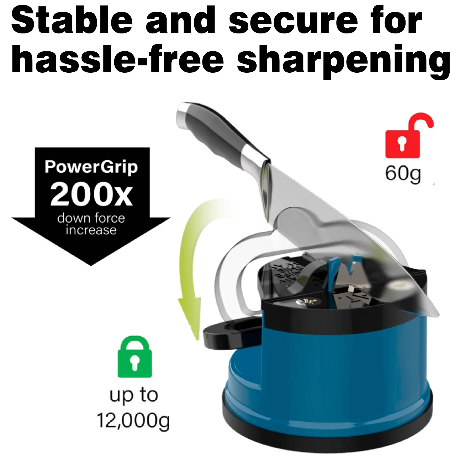 Blue Knife Sharpener Powergrip Suction Base 200X Force Increase Mini Size Fast 3 Step Sharpening for Most Kitchen Knives Tool