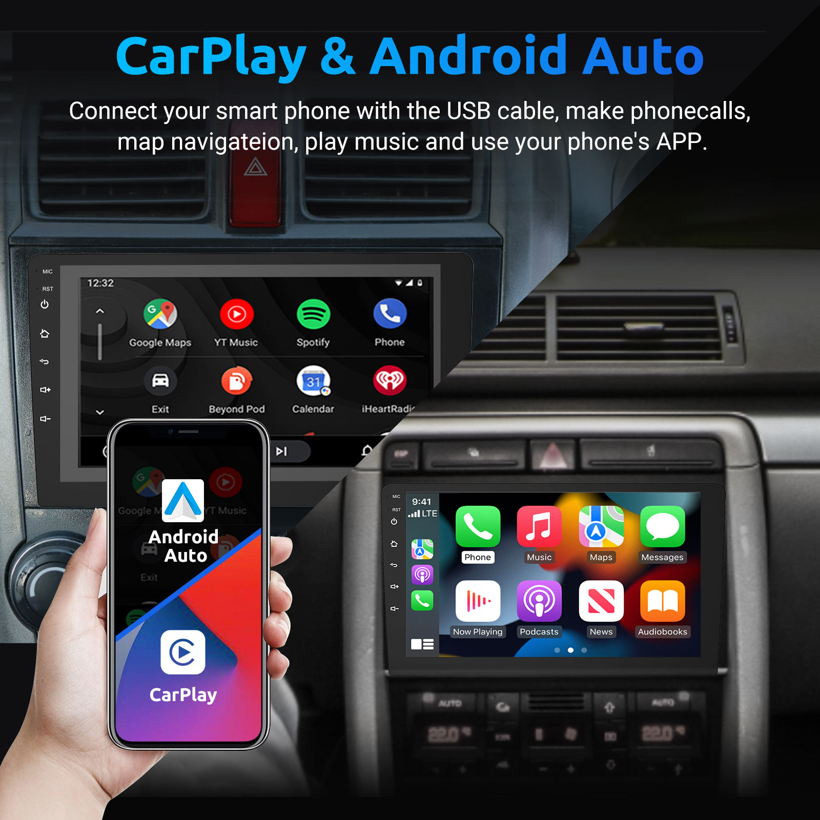 Автомагнитола 2DIN Android с CarPlay GPS навигация