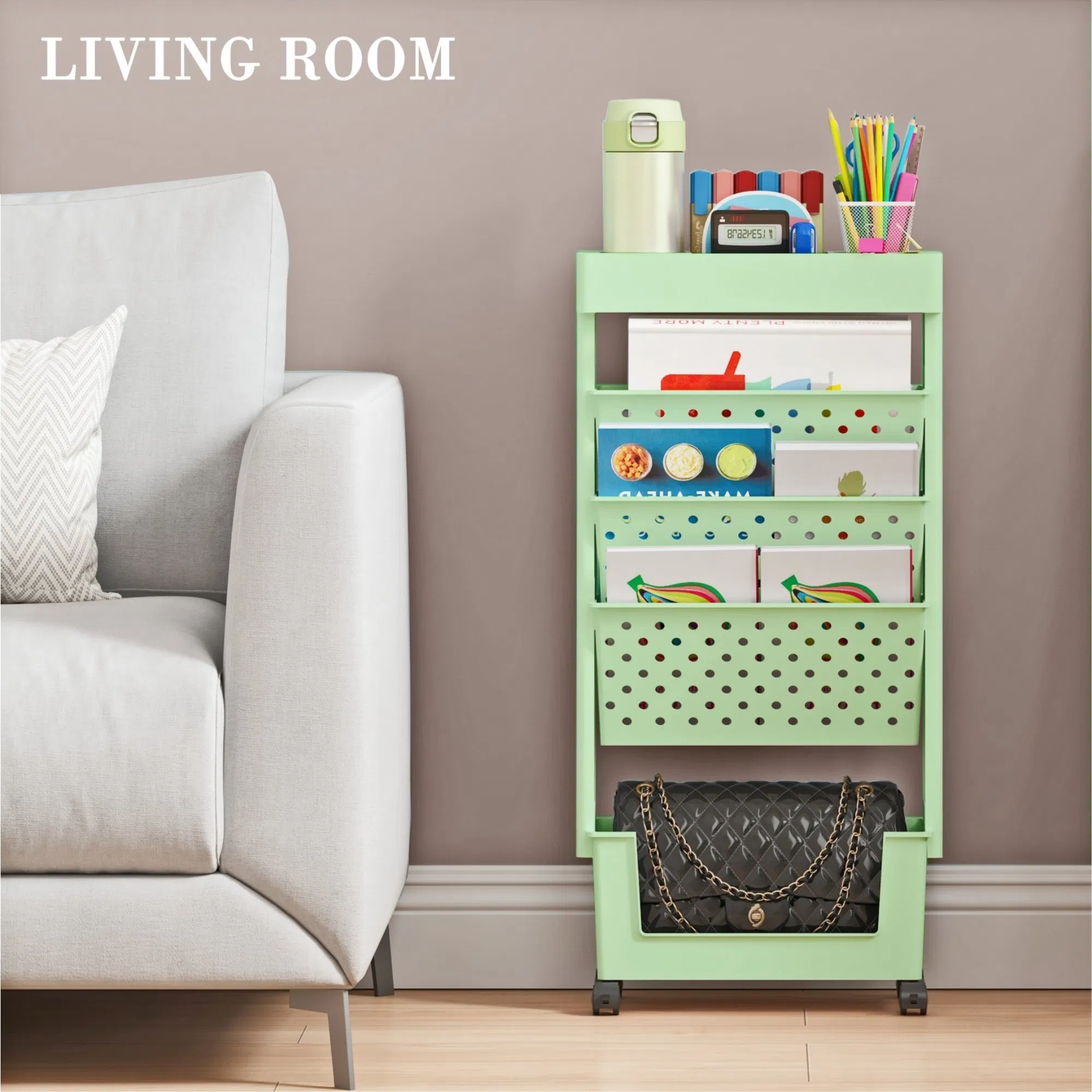 Передвижная пластиковая книжная полка на колесах для гостиной