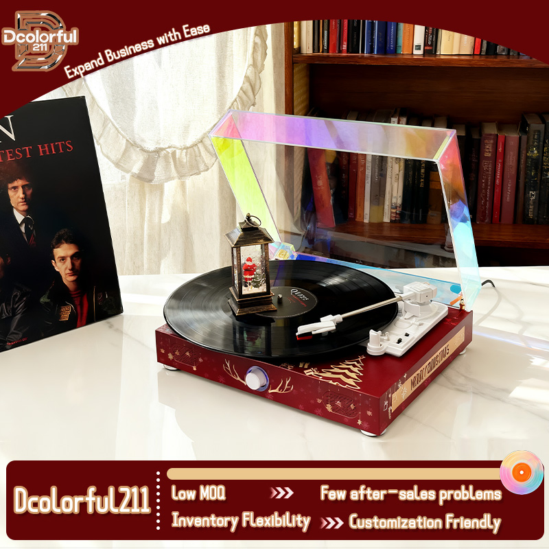 Colorful Painting Christmas Glossy Piano Lacquer Finish 3-Speed Bluetooth Hi-Fi Turntable Speaker Gramophone Vinyl Record Player with Autostop