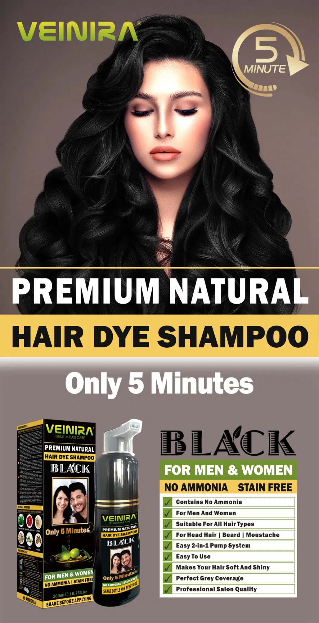 Veinira New Hair Products Black Brown &Dark Brown Dye Plant Shampoo