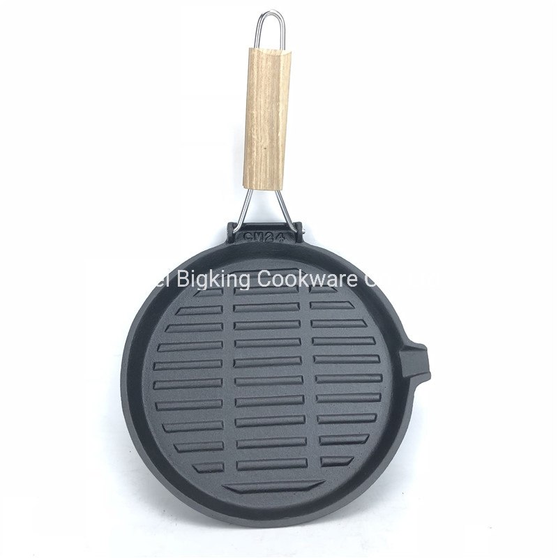 Cast Iron Nonstick 24cm Round Grill Pan with Foldable Handle, Steak Pan, Oven Safe