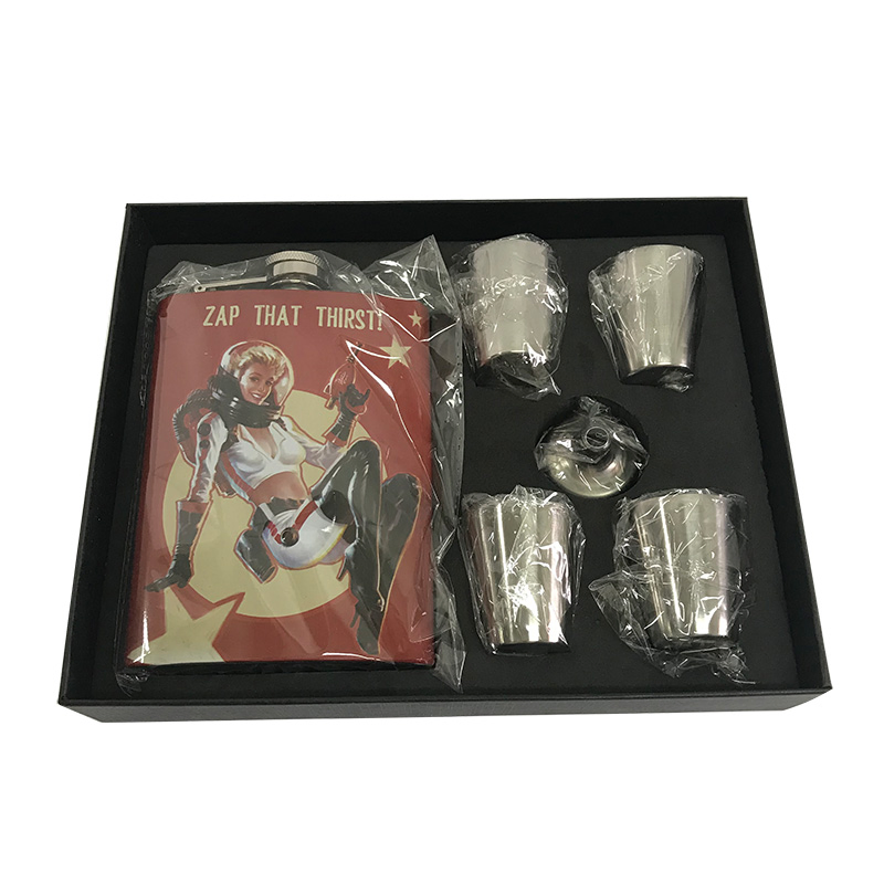 Food Grade Stainless Steel PU Leather Wrapped Golden Black Whiskey Hip Flask Gift Set for Knockando Ladyburn Spendrups