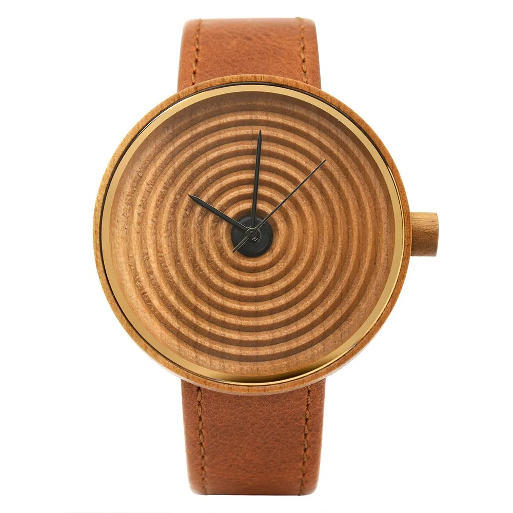 New Design Handmade Cherry Wood Case and Genuine Leather Strap Men Wooden Watch