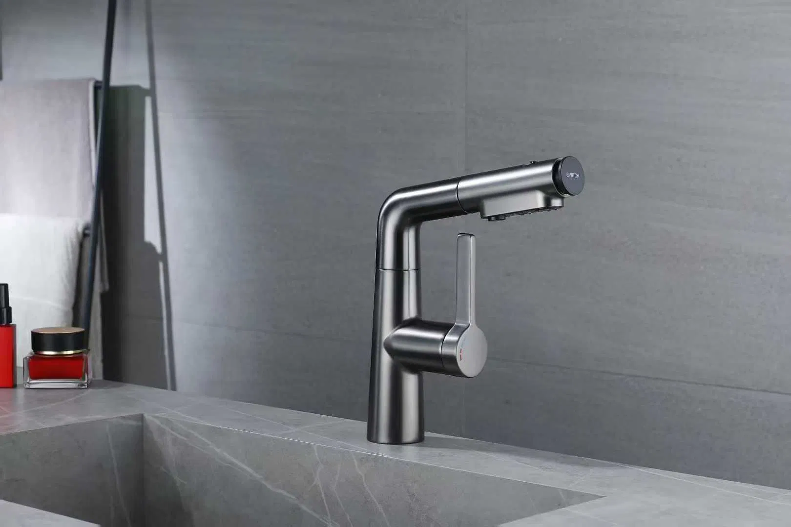 Single Lever Handle Metal Gray Finish Pull Down Swiveled Spout Deck Mounted Basin Sink Taps Mixer