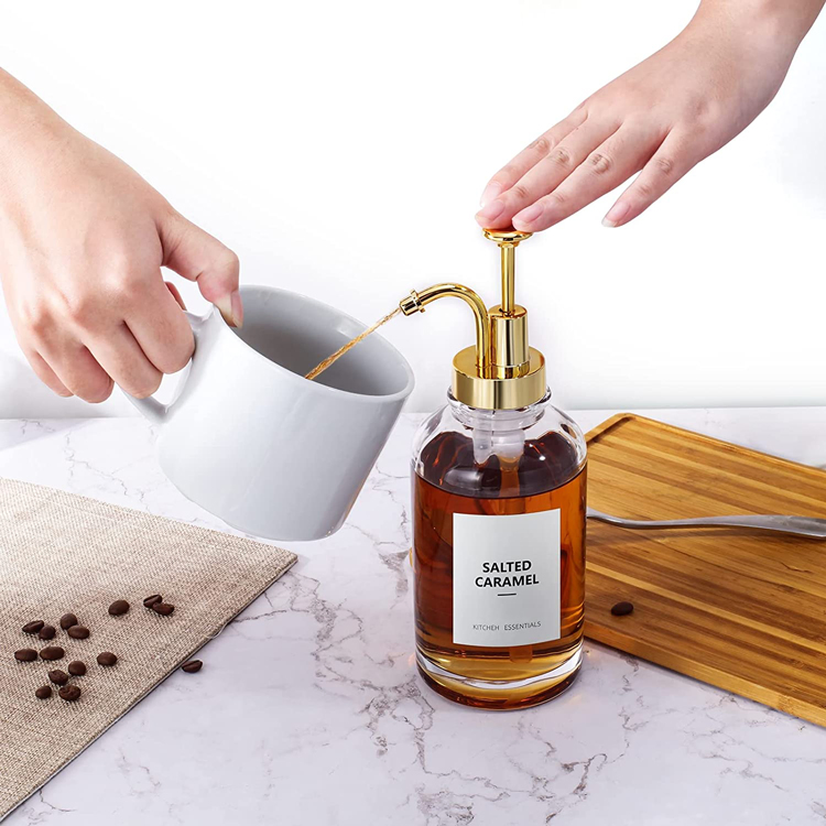 500ml Glass Coffee Syrup Pump Dispenser Coffee Bar Glass Syrup Pump Dispenser Bottle Syrup Dispenser with Stickers for Kitchen Hand Sanitizer Glass Bottle