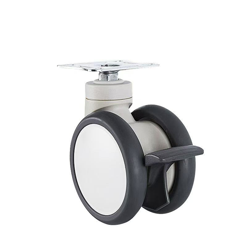 4-Inch Gray TPR Double-Wheel Caster, Retractable Medium-Duty Medical Caster.