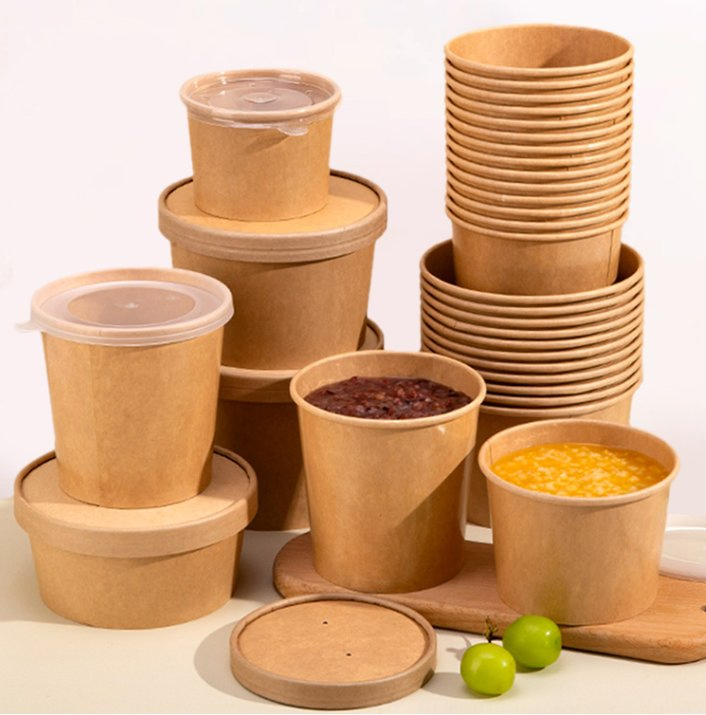 Disposable Food Packaging Takeaway Kraft Paper Soup Cup with Lid
