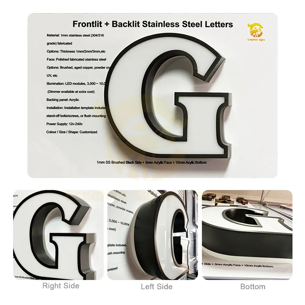Frontlit + Backlit Stainless Steel Letters Custom LED Channel Letter Sign