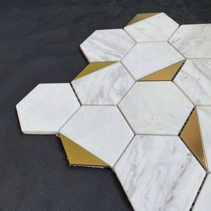 Custom Backsplash Kitchen 30X30 Gold and Carrara White Stone Brass Marble Mosaic Wall Tile