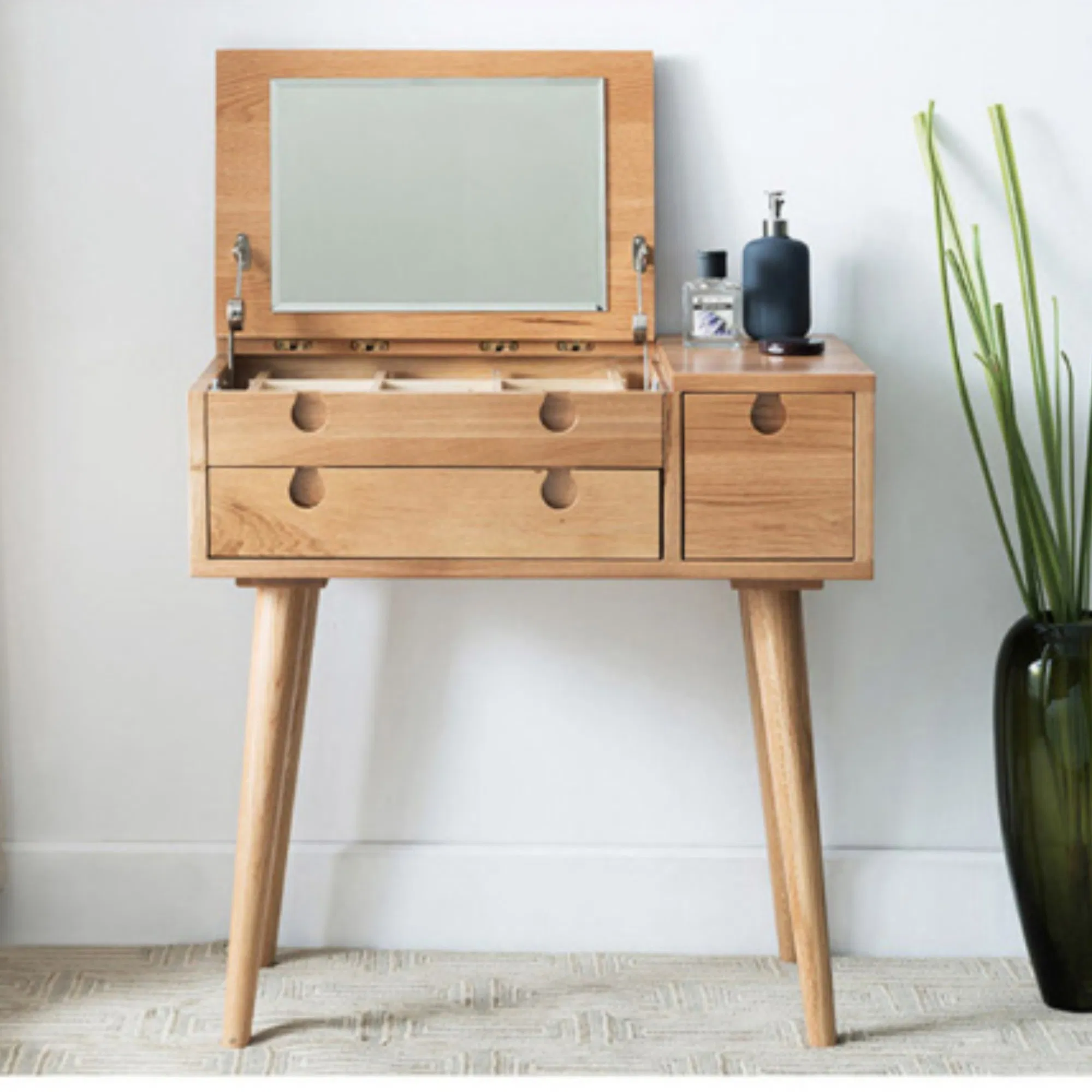 Modern Minimalist Solid Wood Dressing Table with Storage Cabinet and Makeup Mirror.