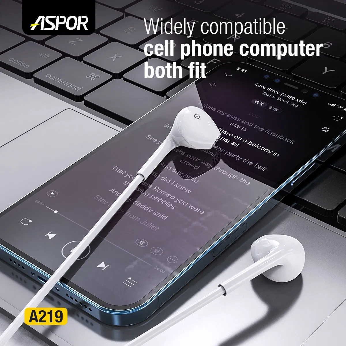 Наушники Aspor A219 с микрофоном и кнопкой паузы