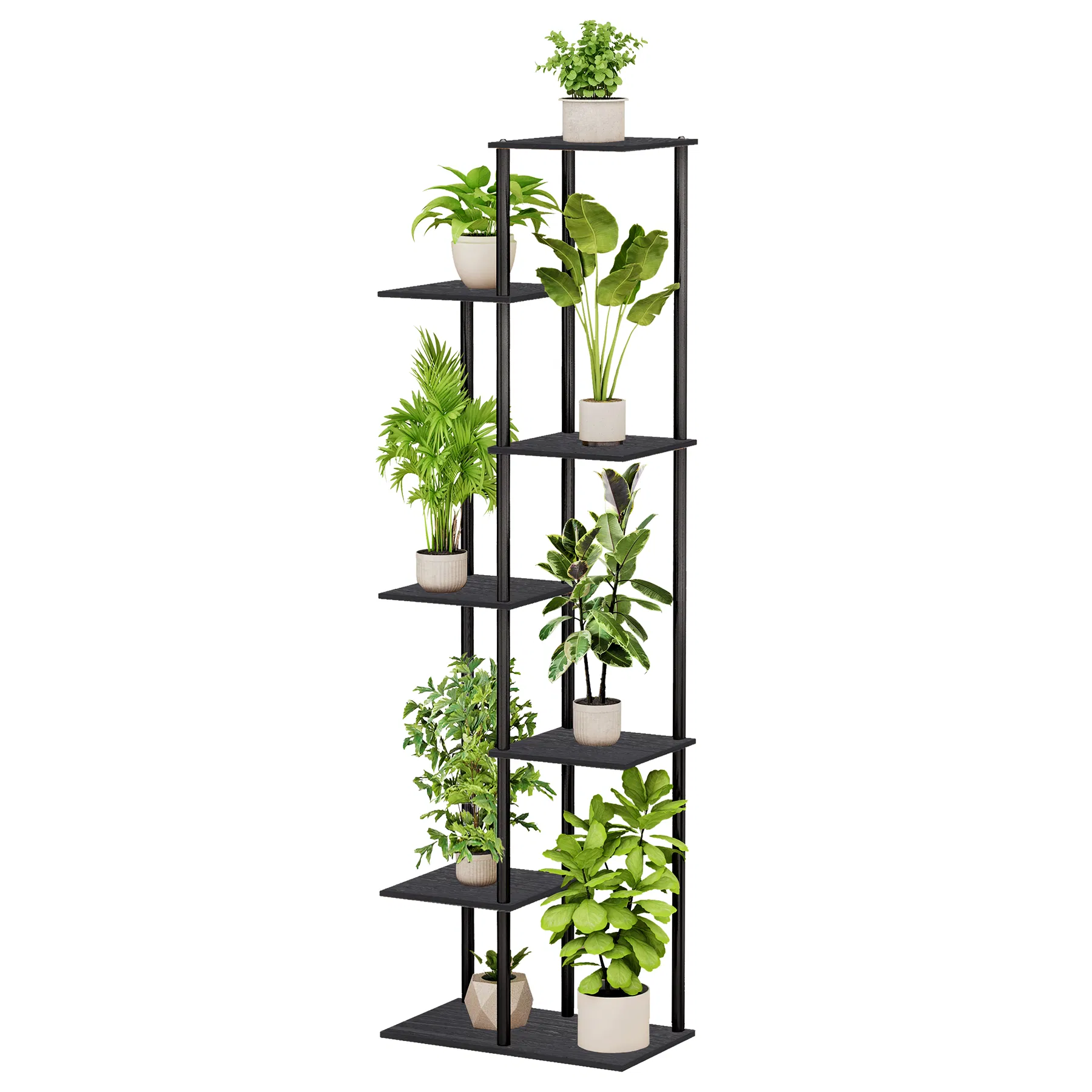 7 Tier Indoor Corner Steel Wood Black Plant Shelf Flower Stand
