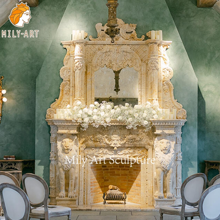 Antique Natural Stone Fireplace Mantel 2 Layer Marble Fireplace with Lion Statues for Wedding
