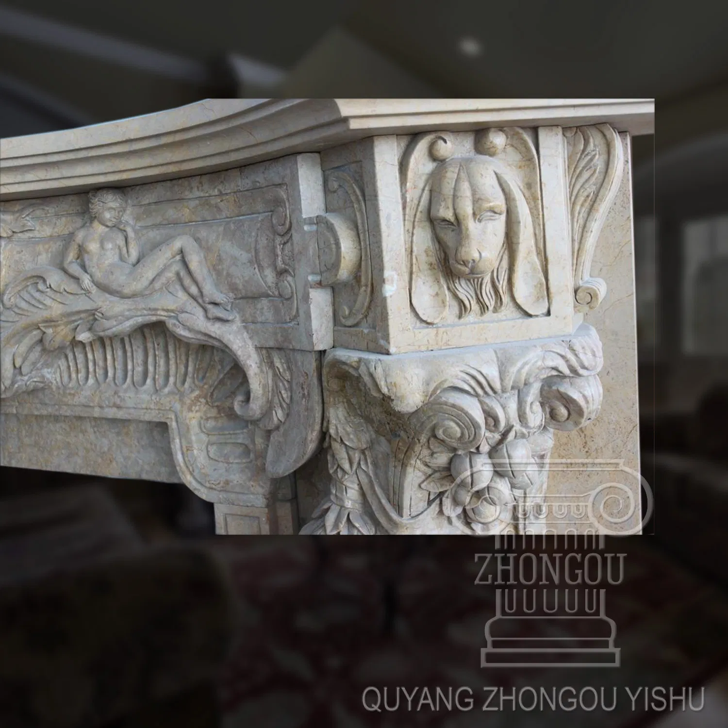 Great Figure Pattern Yellow Marble Fireplace Sculpture