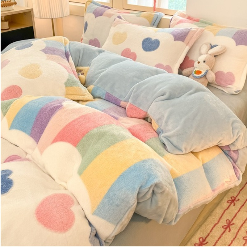 Winter Flannel Duvet Cover Fashion Dual-Color Soft Warm Zipper Bedding Sets