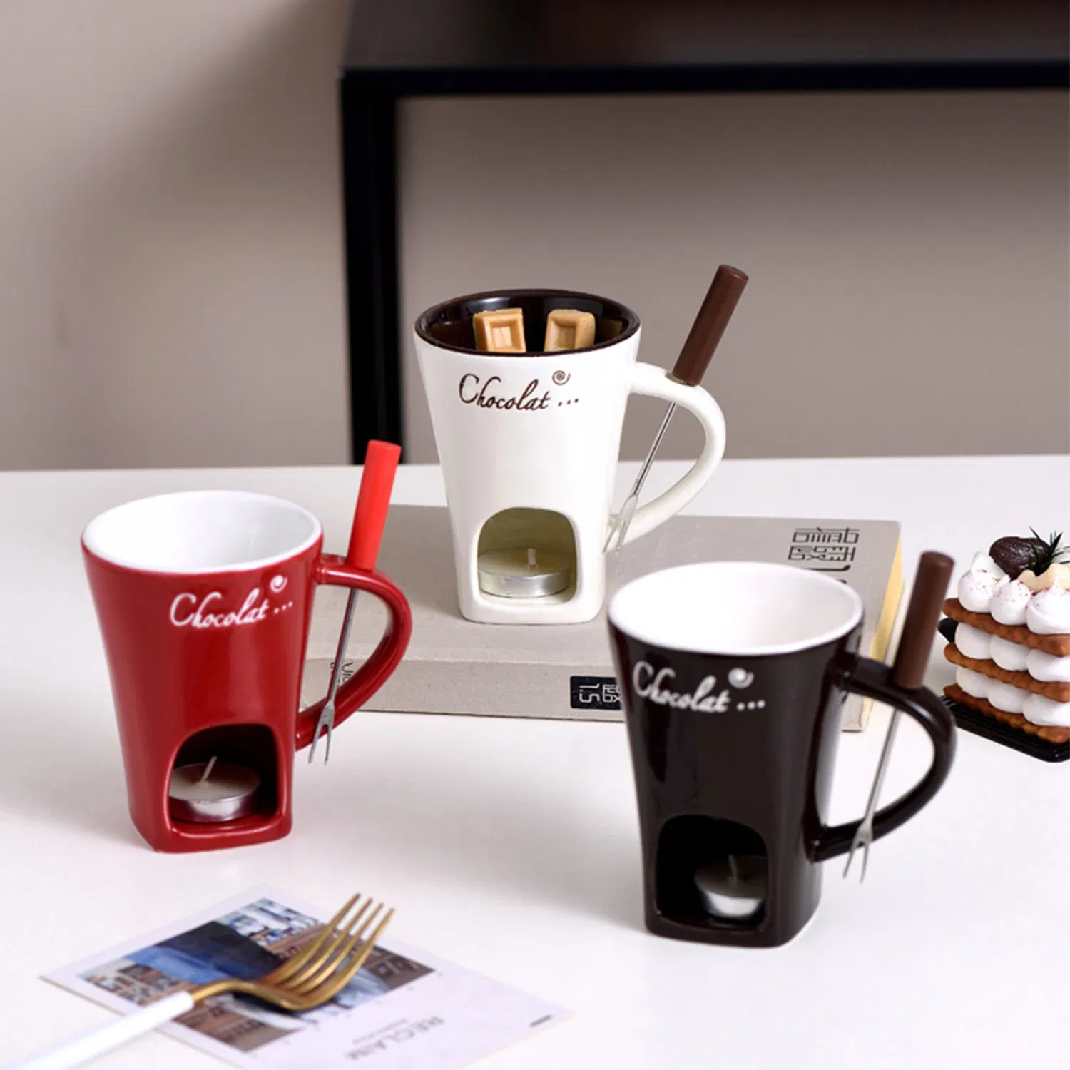 Ins Hot Sell Cheese Tool Chocolate Fondue Mugs Contain Fondue Bliss Cup and Forks Chocolate Melting Cup Mini Chocolate Fondue Set, Fondue Cups with Forks