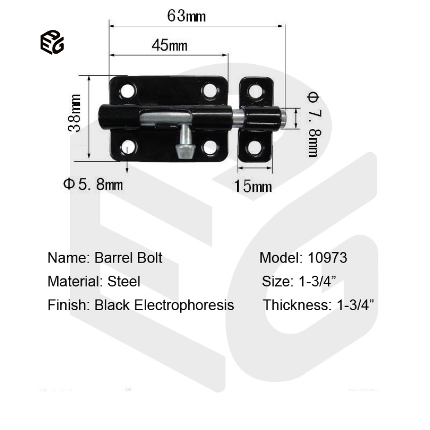1.5" Black Barrel Bolt for Doors & Cabinets, Electrophoresis Coated Steel Security Hardware