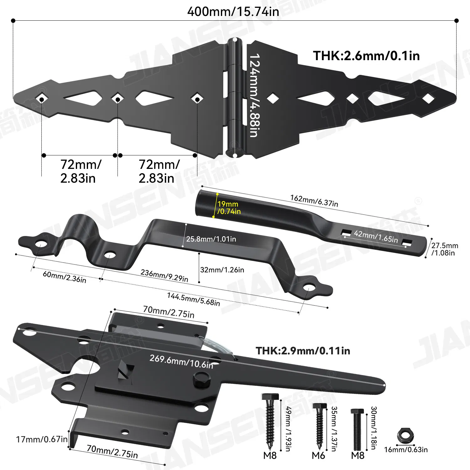 Metal Galvanized Steel Black Wood Fence Gate Kit with Post Strap Hinge