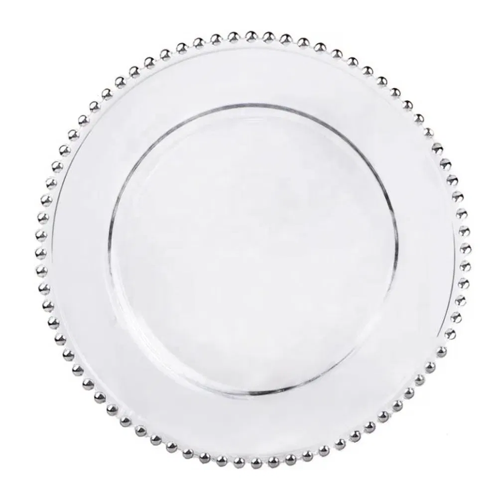 Wholesale Reusable 13inch Clear Acrylic Charger Plates with Gold Beaded Rim for Wedding Birthday Dinner Tableware Plates