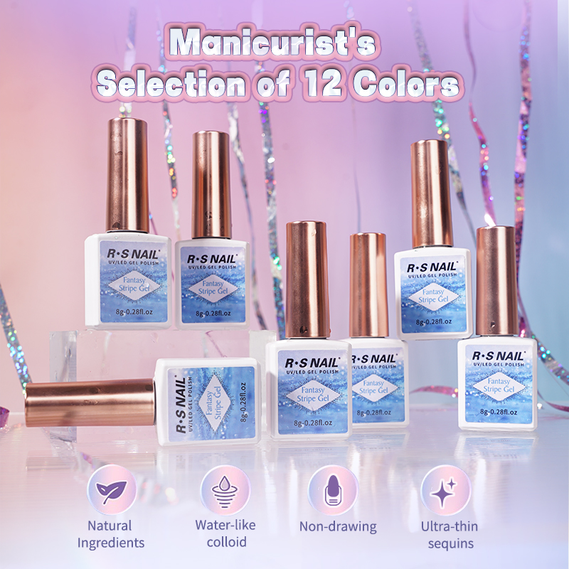 Wholesales 12 Color Fantasy Stipe Gel Vegan Long Lasting Gel Polish 8g Nail Art Painting Factory MSDS Disco Gel Polish