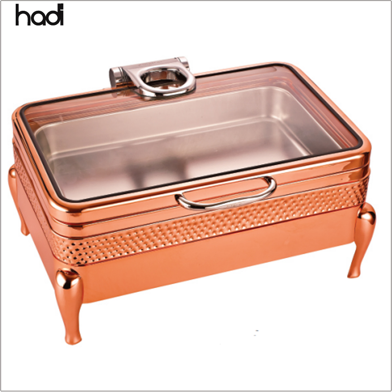 Wholesale 9L Stainless Steel Rectangle Hydraulic Top Buffet Equipment Electric Catering Chafing Dish Glass Cover with LED Light