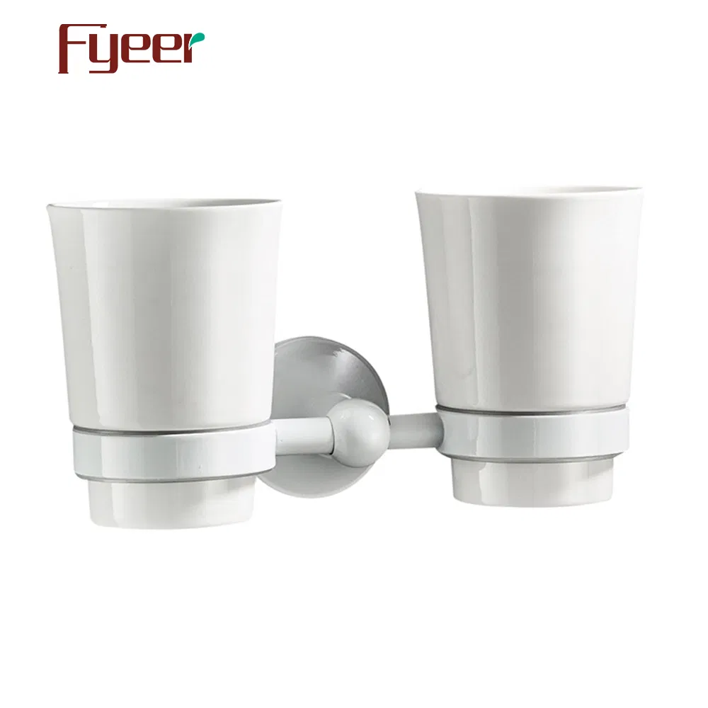 Fyeer Matte White Solid Brass Double Tooth Brush Cup Holder