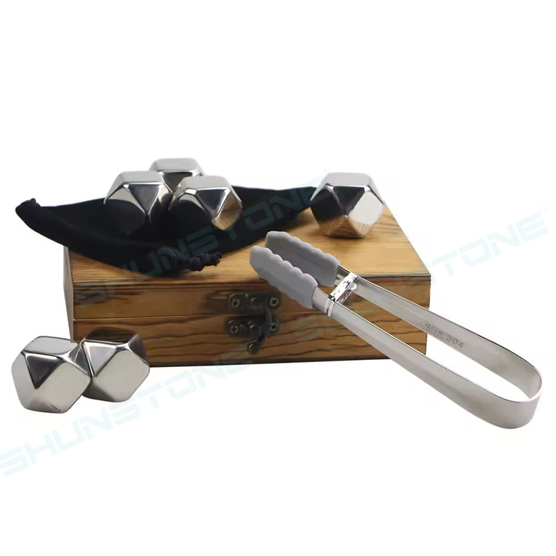 Personalized 6 Stainless Steel Diamond Shaped Whiskey Stone Ice Cubes Gift Set with Wooden Box Christmas Gift Set for Men