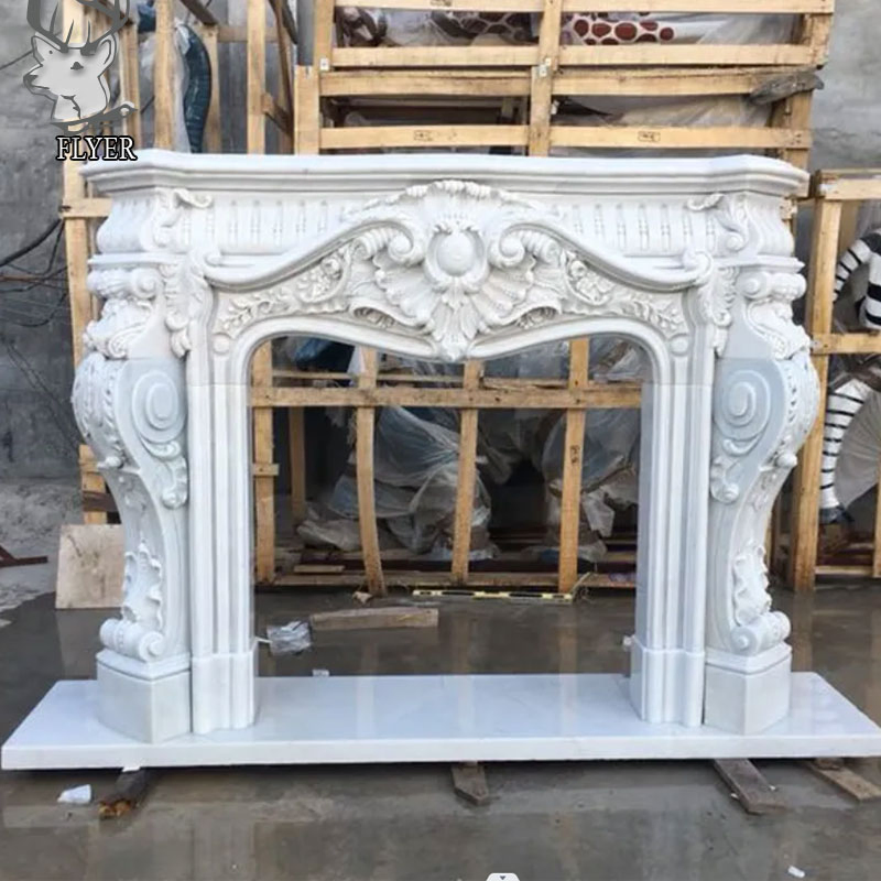 Popular Design Indoor Decoration Natural Beige Marble Fireplace Hand Carved Marble Lion Statue Carving Customized Size Fireplace Mantel Surrounds