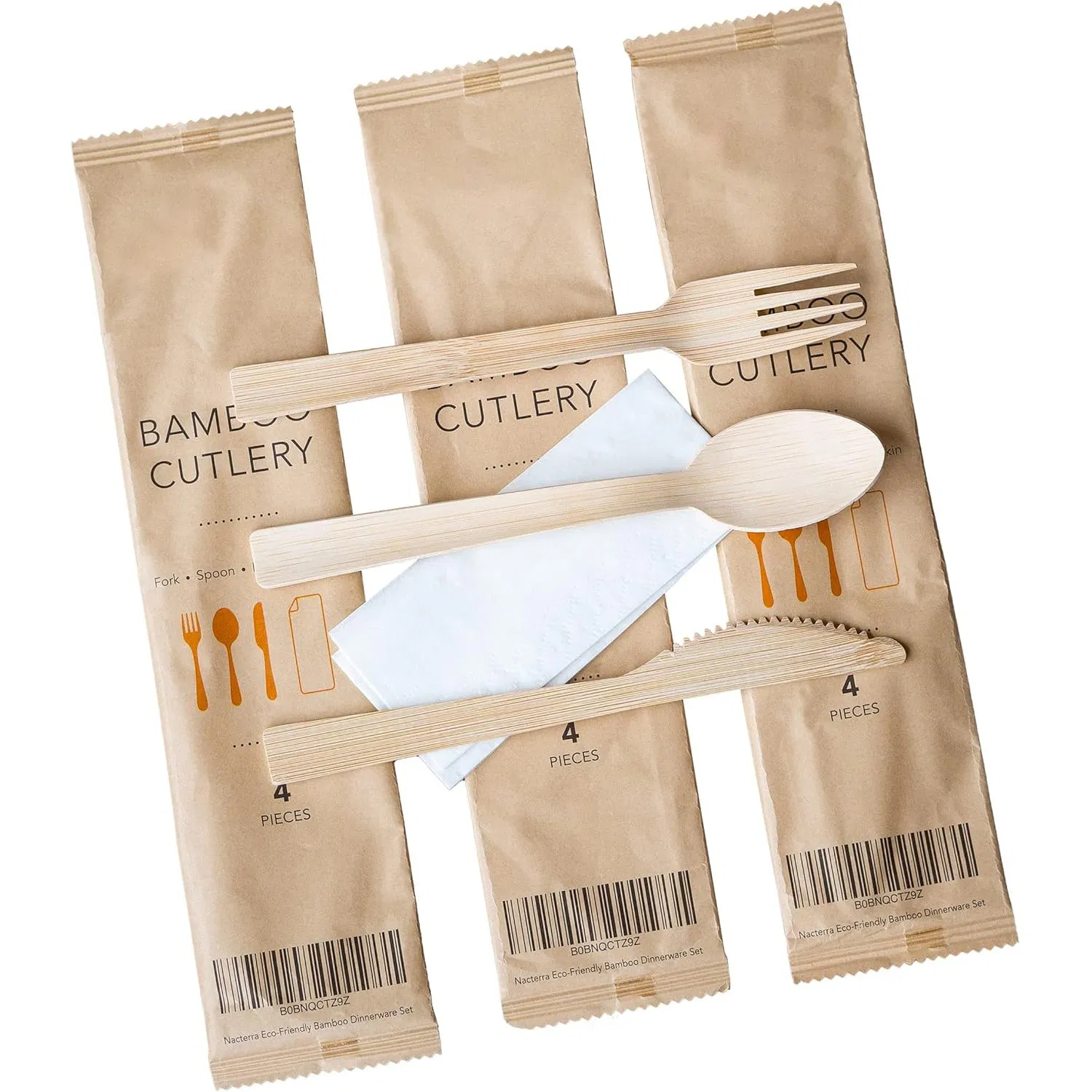 100PCS Pack Disposable Biodegradable Custom Printing Wooden Knife Fork Spoon Set Smooth Natural Tableware Bamboo Cutlery for Party Wedding Restaurant