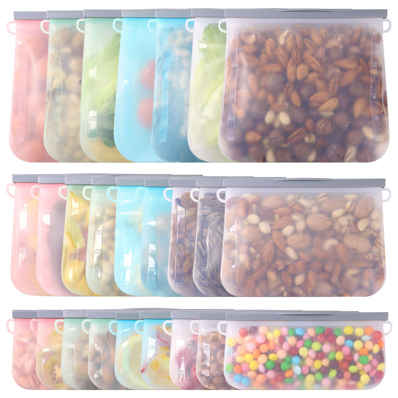 Custom Logo Printed Eco-Friendly Leakproof Food Grade Safe Fresh-Keeping Silicone Food Bags for Travel and Home Storage Snack Fruits Meat Vegetable Sandwich etc