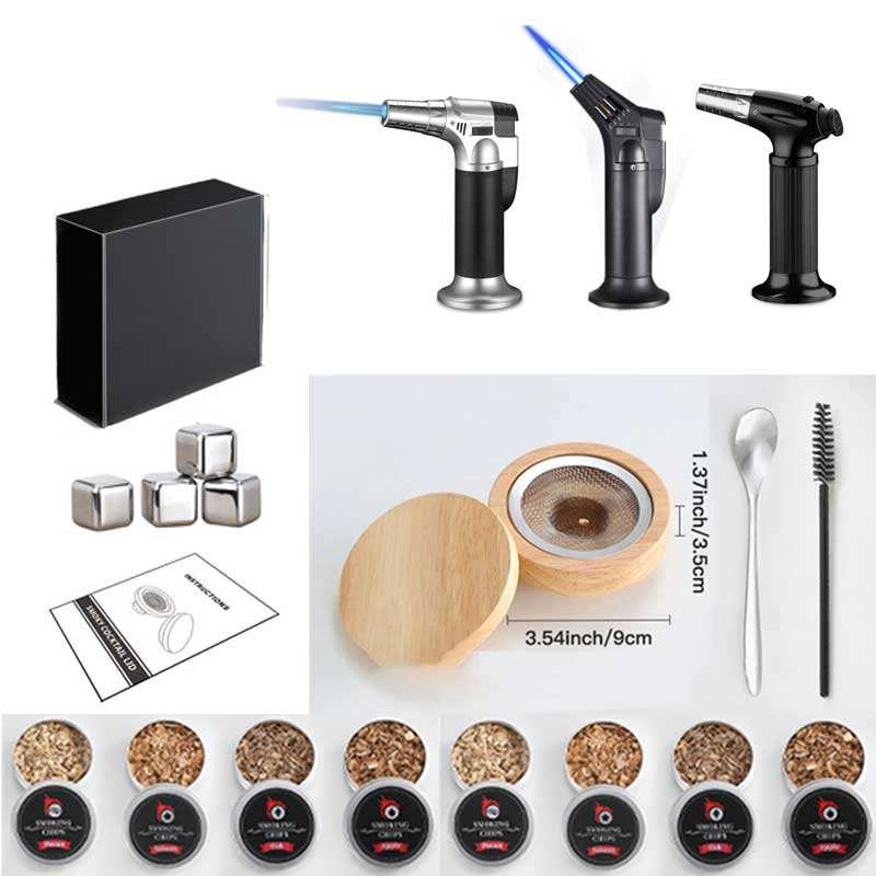Luxury Handmade Wooden Cocktail Smoker Kit with Wood Chips Whiskey Smoker Torch Bar Accessories