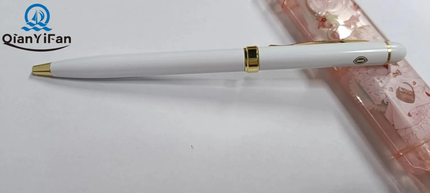 Custom Logo 1.0mm Ballpoint Pen with Steel Barrel, Plastic Top, White Glossy Finish for Hotel, Resort, SPA, and Airline Use
