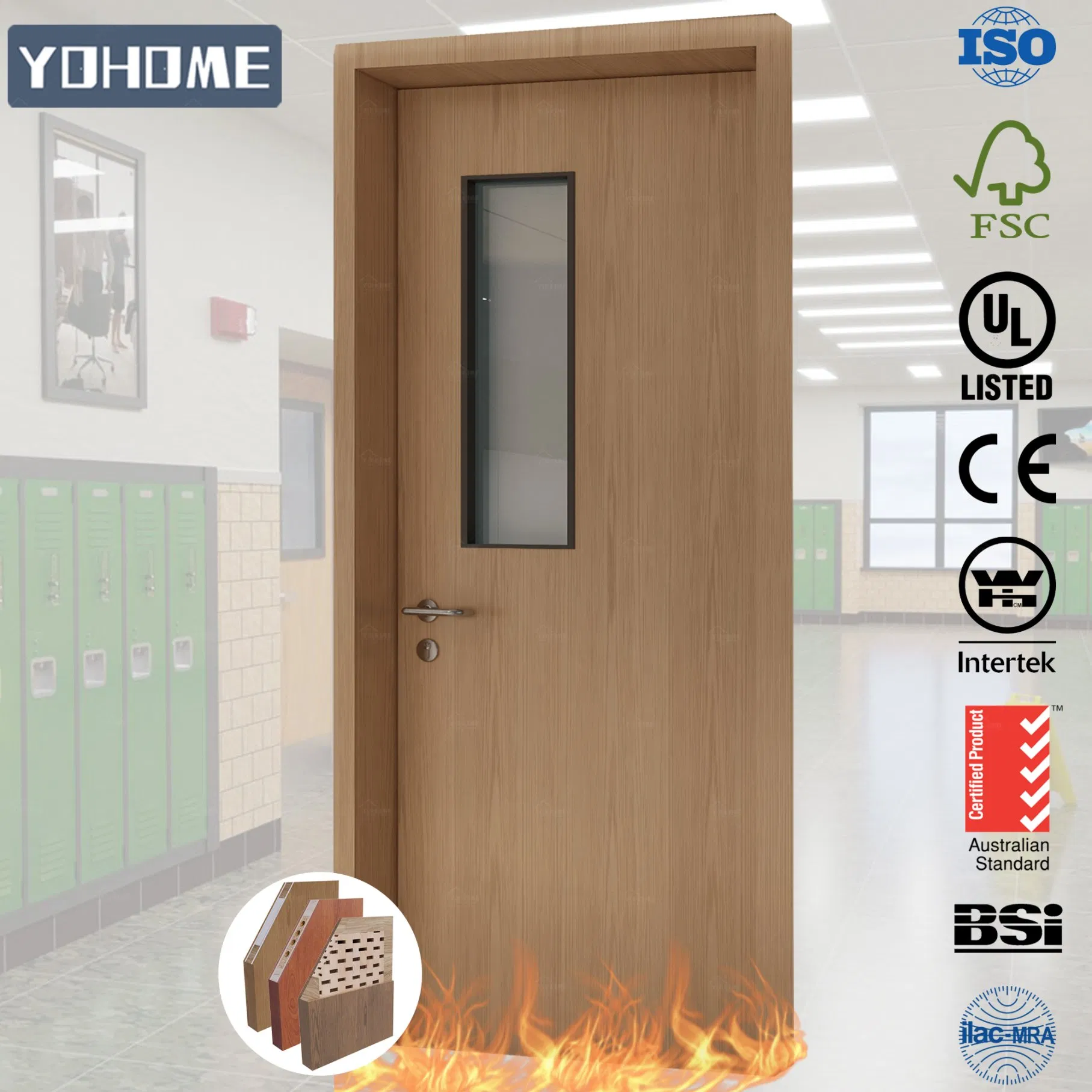 EU Swiss France Italy Germany UK Standard Fire Door Fire-Resistant Wooden Doors School Classroom Door with Top Panel Glass