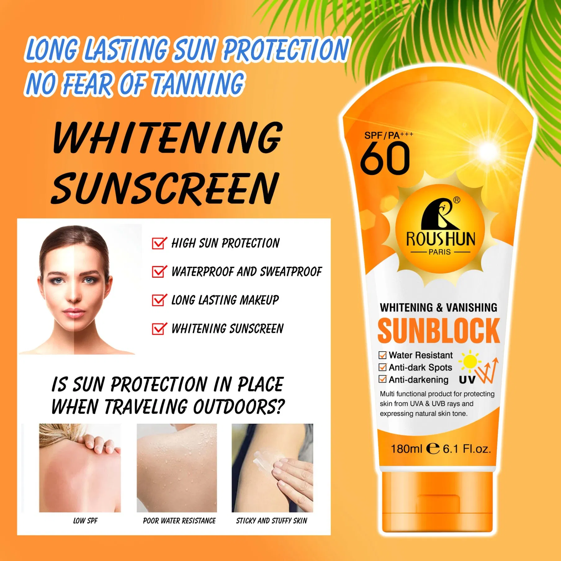 Roushun SPF 60 Whitening Vanishing Sunscreen Water Resistant Anti Dark Spots