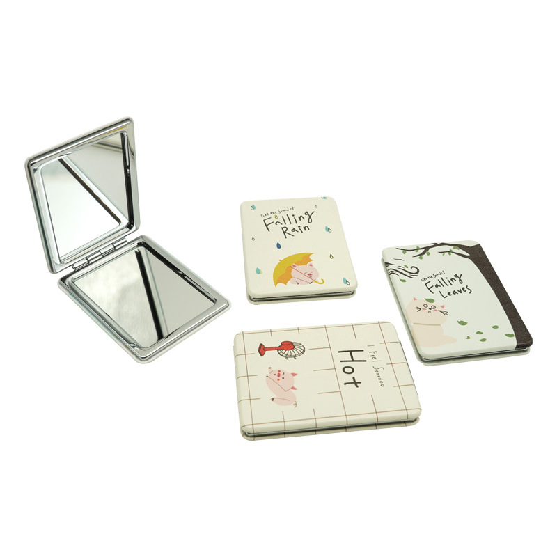 Cute Cartoon PU-Leather Travel Folding Compact Mirror-Printed Flip-Top Square Double-Sided Makeup Mirror for Students