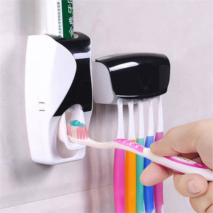 Wall Mounted Kids Hands Free Toothbrush Holder Toothpaste Squeezer Dispenser Set