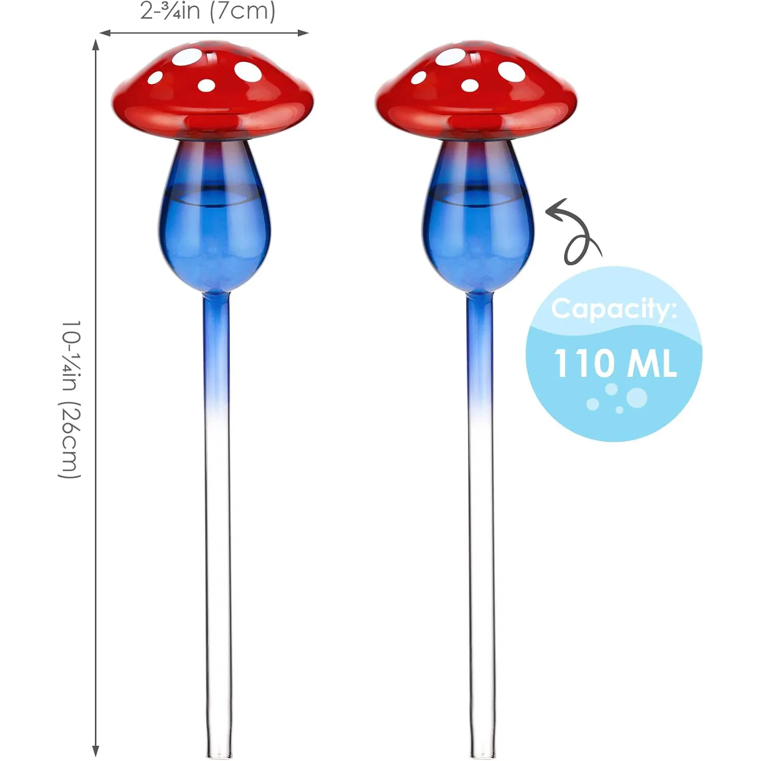 10" Long Gradient Red Blue Hand-Blown Glass Globe Pot Plant Waterer