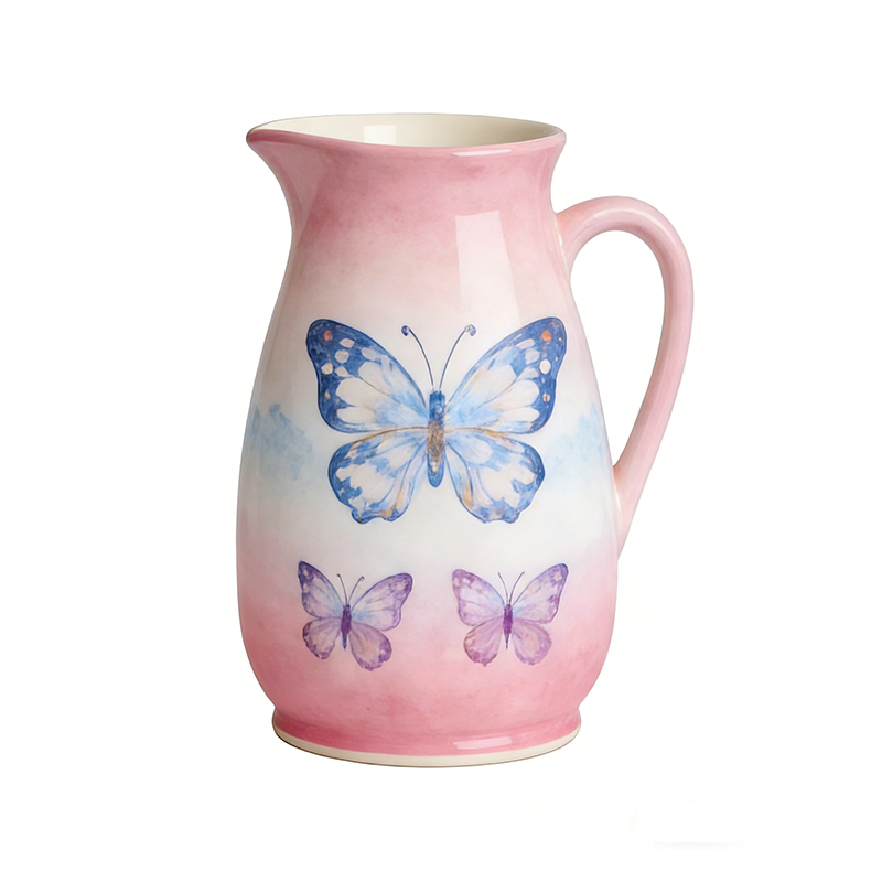 Ceramic Water Pitcher with Hand-Painted Butterfly & Floral Design