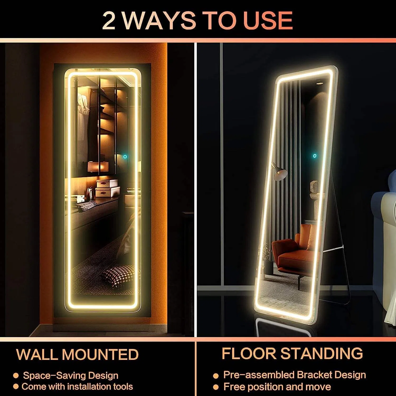 Full-Length LED Standing Mirror-Modern Decorative Mirror for Living Room, Bedroom & Vanity