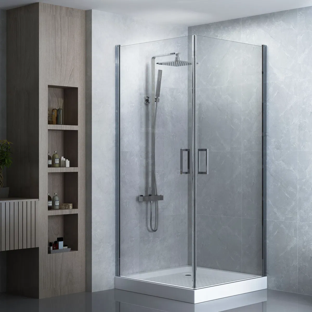 Bathroom Chromed Aluminium Framed Swing Pivot Shower Room Supplier 900X900