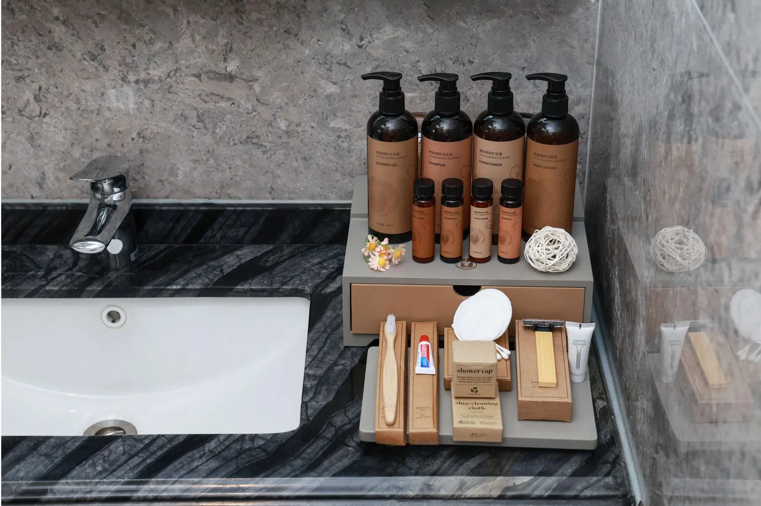 Sandalwood Essential Oil Body Wash Lotion Shampoo Conditioner Hotel Bath Products with Aloe Vera Ingredients and Shea Butter - Exclusive to Hotel Resort SPA