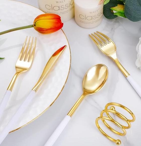 Heavy Duty White and Gold Plastic Silverware
