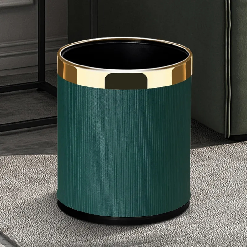 10L Stainless Steel Trash Can Leather Dustbin Double Layer Waste Garbage Bin