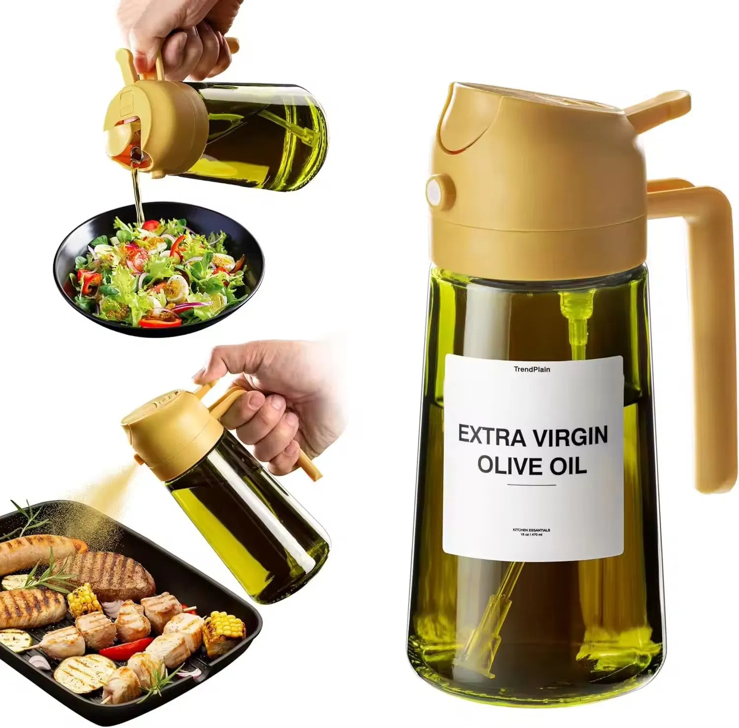 Custom Logo Dark Green 16oz Oil Dispenser Pourer Bottle 2 in 1 Kitchen Cooking Olive Oil Sprayer for Air Fryer Salad Barbecue Oil Sprayer Tool