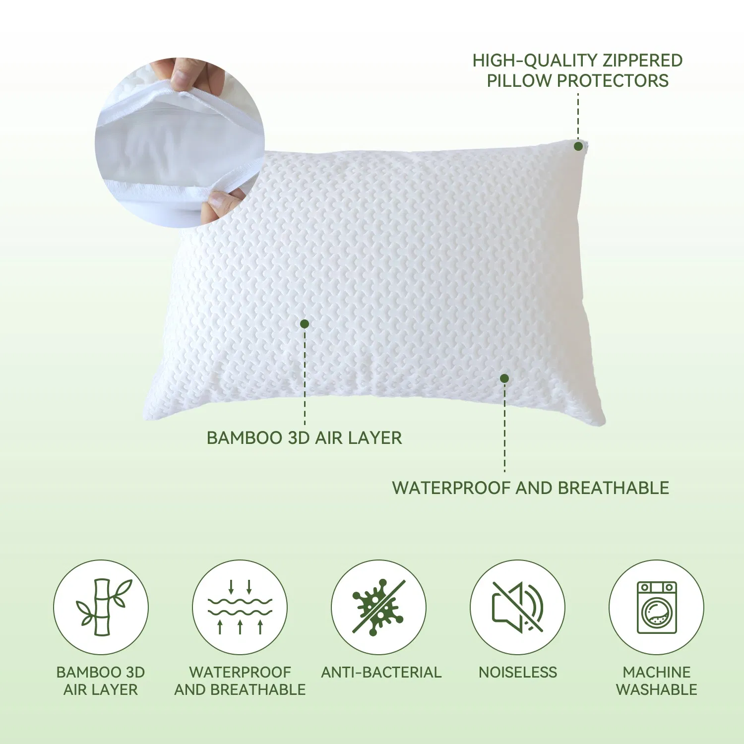 Factory Adults Set of 2 Protector Bed Linen Waterproof Encasement Bamboo Jacquard Pillow Cover