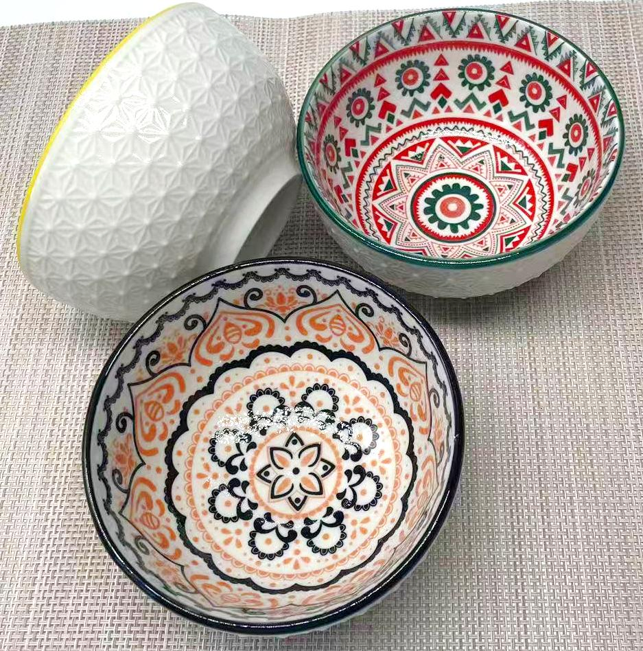 Eco-Friendly Emboss Printed Bowl 4.5"for Stylish Dining Experiences Ceramic Tableware