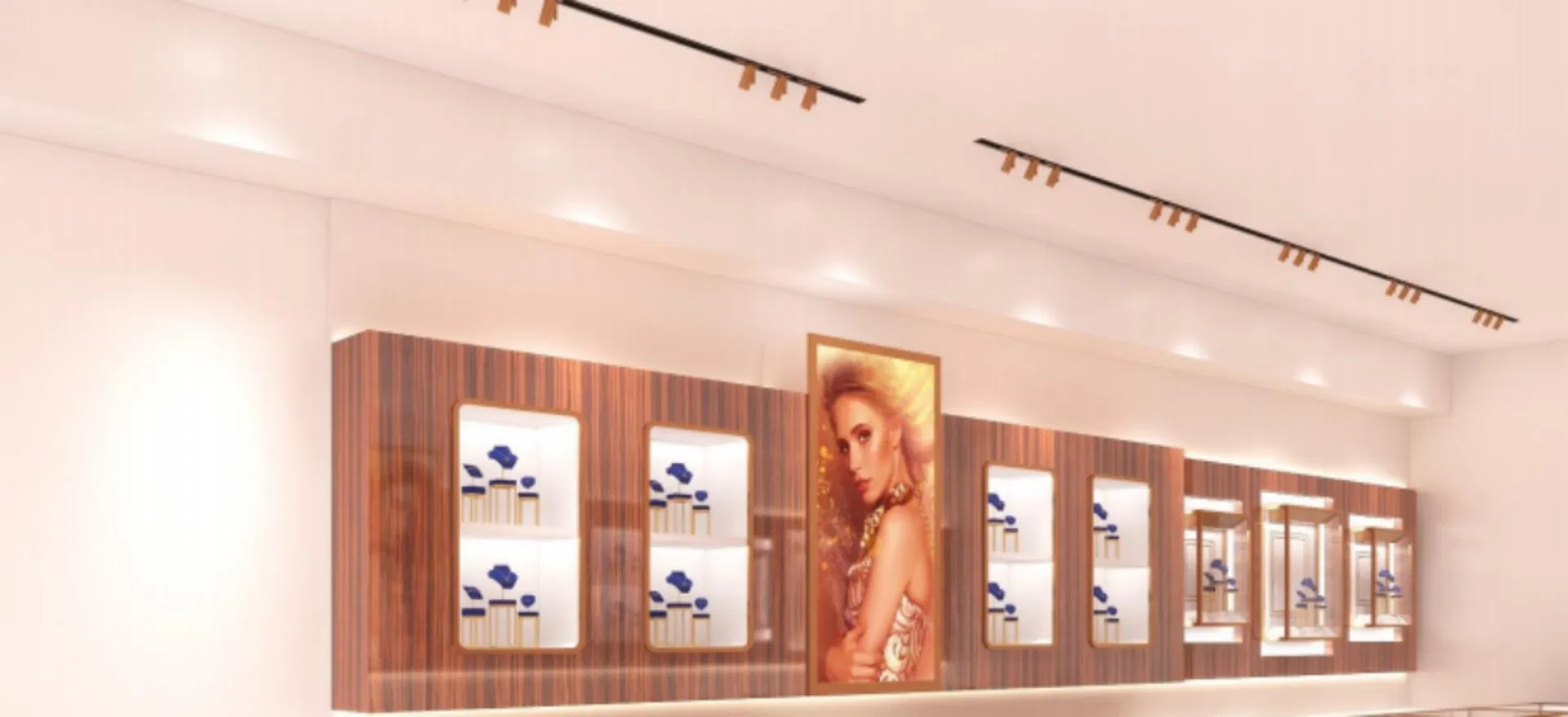 Customized Showroom Glossy Wood Veneer Wall Display Showcase