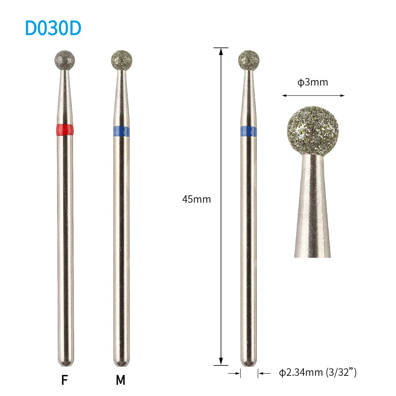 3.0mm Round Professional Quality Russian Dry Style Diamond Cuticle Nail Drill Burr Bit
